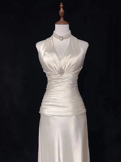 V Neck A Line Satin Long Prom Dresses Halter Wedding Dress