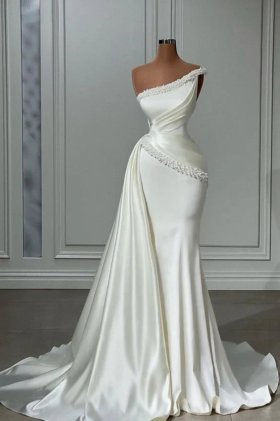 One Shoulder Beaded Mermaid Prom Dress Long Wedding Dress