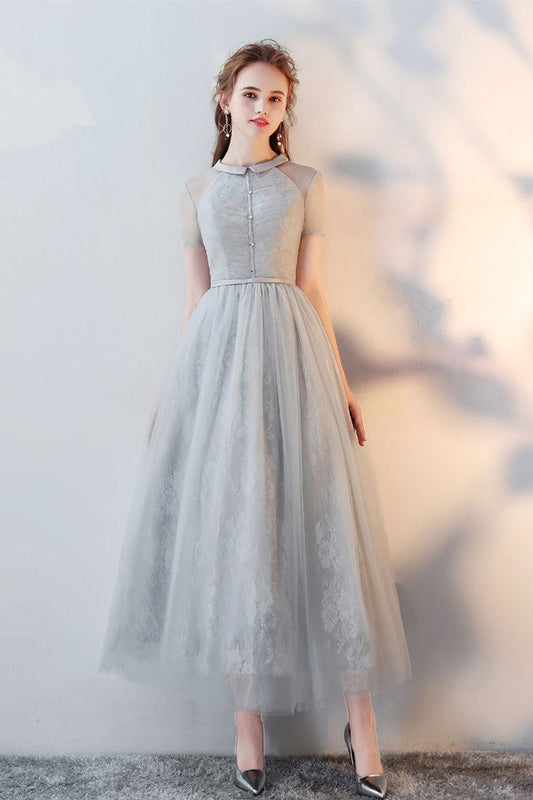 Gray tulle lace tea length prom dress gray tulle formal dress