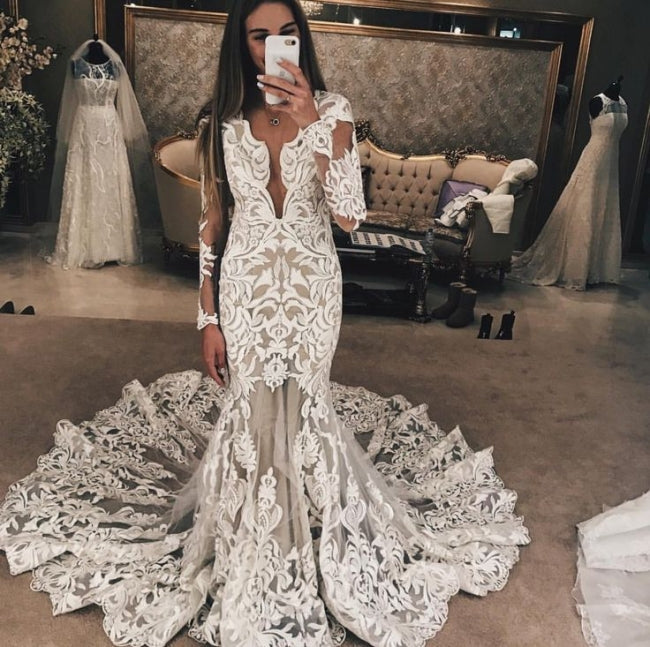 Long Sleeve Unique Lace Wedding Dresses | Mermaid Lace Long Train Bridal Gown