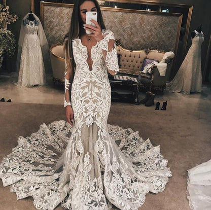 Long Sleeve Unique Lace Wedding Dresses | Mermaid Lace Long Train Bridal Gown