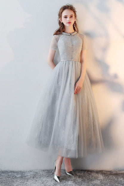 Gray tulle lace tea length prom dress gray tulle formal dress