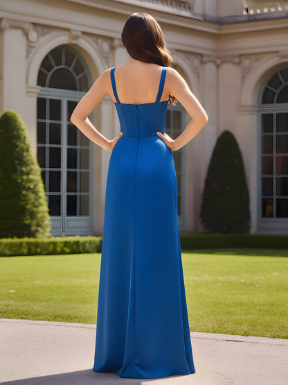 Sweetheart Neck Pleated Sheath Gown With Slit Ocean Blue