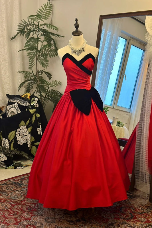 Red & Black Color-block Bandeau Ball Gown: 3D Bow, Waist-cinched Flared Dress, Retro Banquet Heavy-duty Maxi Dress gh6581