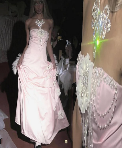 Pretty Ball Gown Strapless Pink Long Satin Prom Dresses Formal Evening Dress SD2394