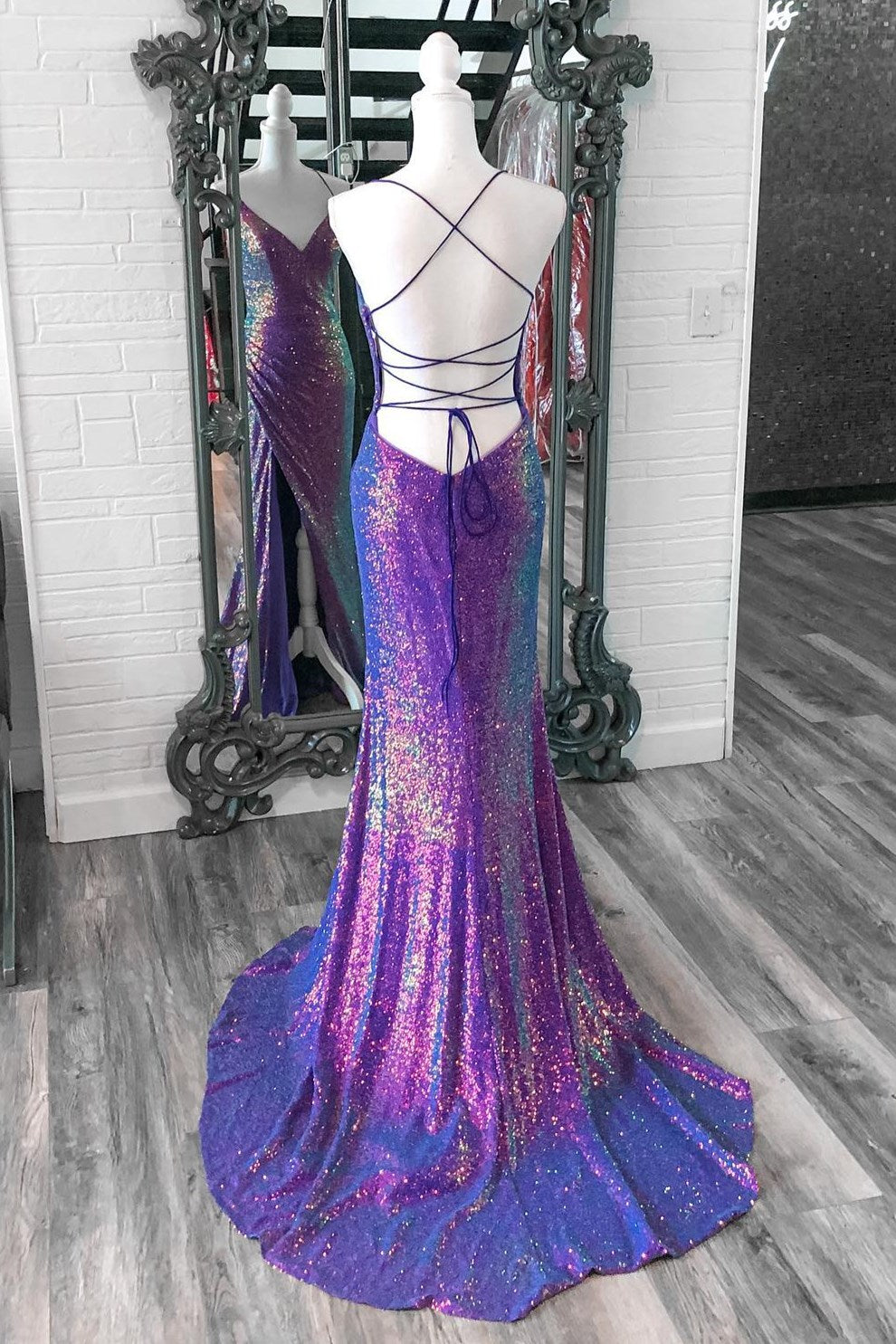 Purple Iridescent Sequins V Neck Lace-Up Long Prom Dress with Slit