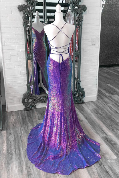 Purple Iridescent Sequins V Neck Lace-Up Long Prom Dress with Slit