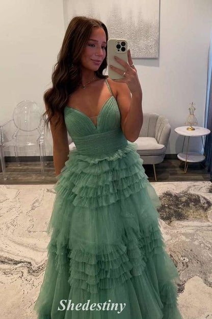 Tulle Ruffles Glitter Sage Green V-Neck Corset Prom Dress