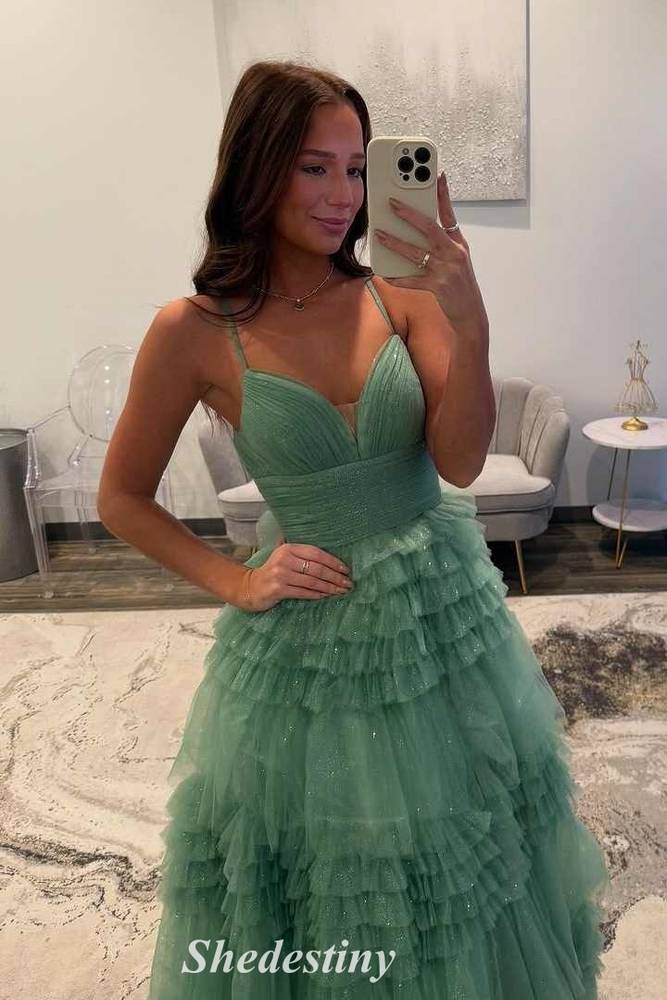 Tulle Ruffles Glitter Sage Green V-Neck Corset Prom Dress