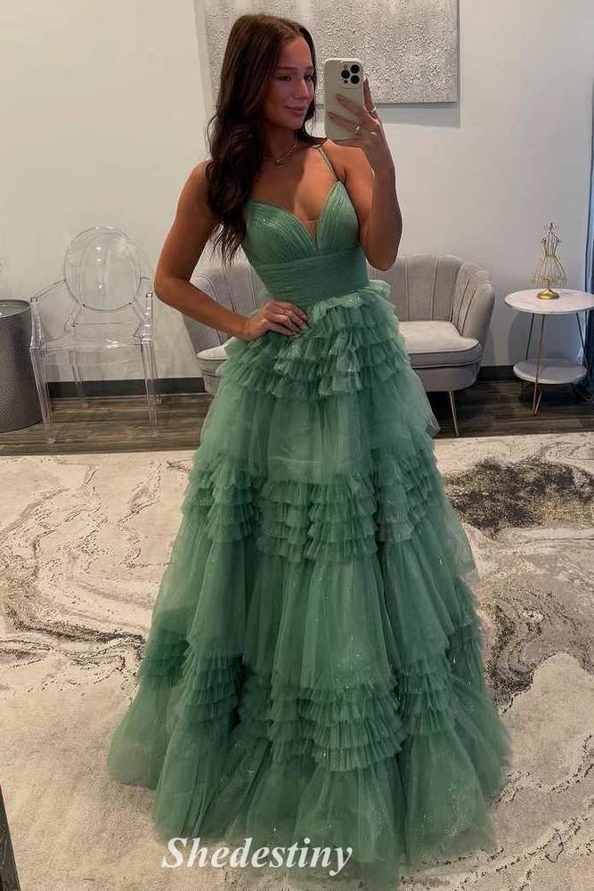 Tulle Ruffles Glitter Sage Green V-Neck Corset Prom Dress