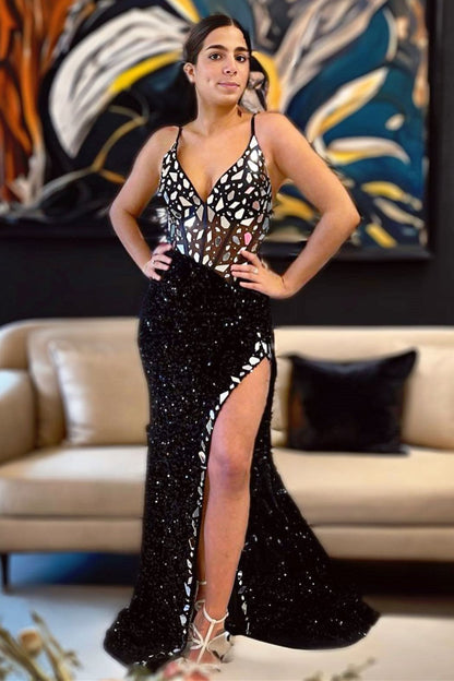 Green Sequin V-Neck Long Prom Dress with Cut Glass Mirrors