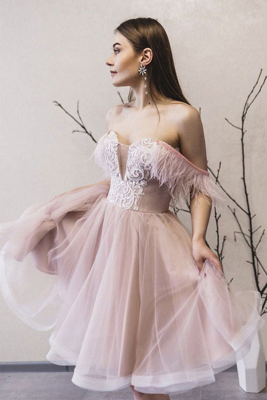 Pink sweetheart tulle lace short prom dress pink lace formal dress