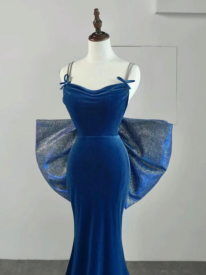 Mermaid Velvet Blue Long Prom Dress, Blue Long Formal Dress