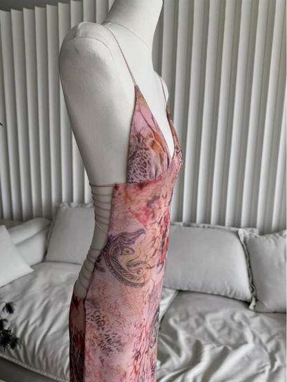 Sweet Spaghetti Strap V-neck Backless Design Floral Print A-line Women Dress HZ1024