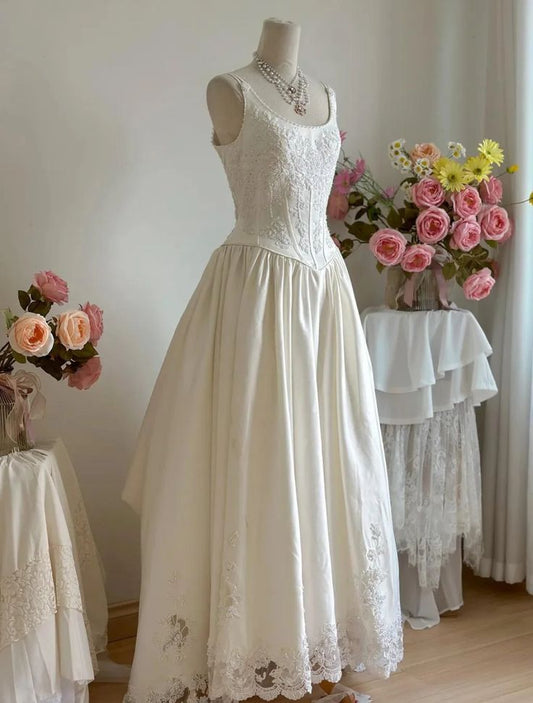 girlhomeshops--White lace retro elegant long satin dress gh5704