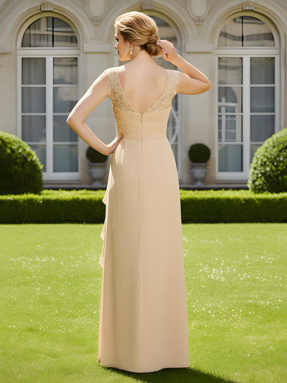 Pleated A-Line Ruffles Lace Chiffon Floor-Length Dress Champagne