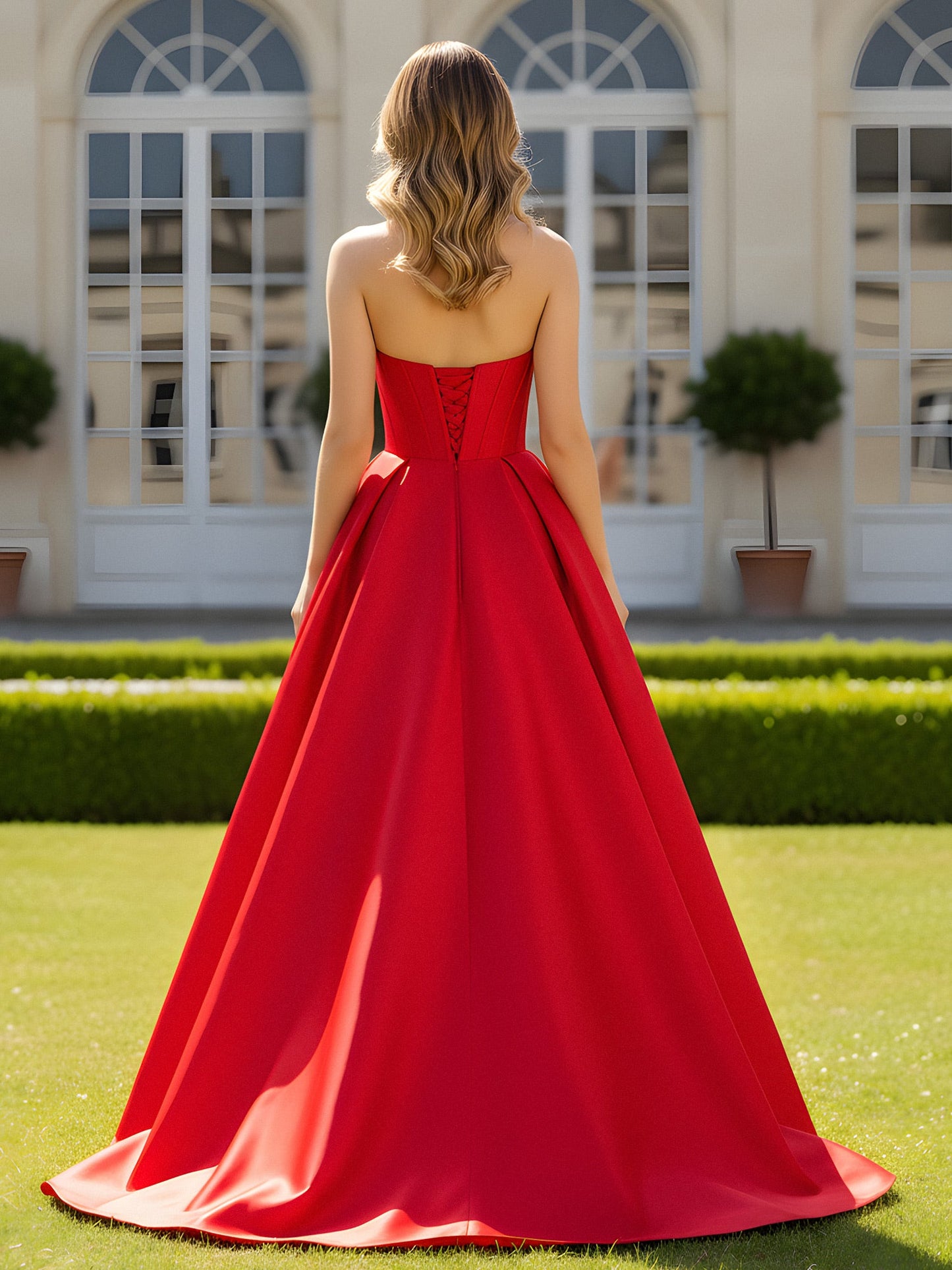 Sweetheart Neck A-Line Sweep Train Gown With Slit Red