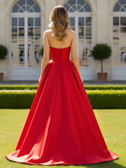 Sweetheart Neck A-Line Sweep Train Gown With Slit Red