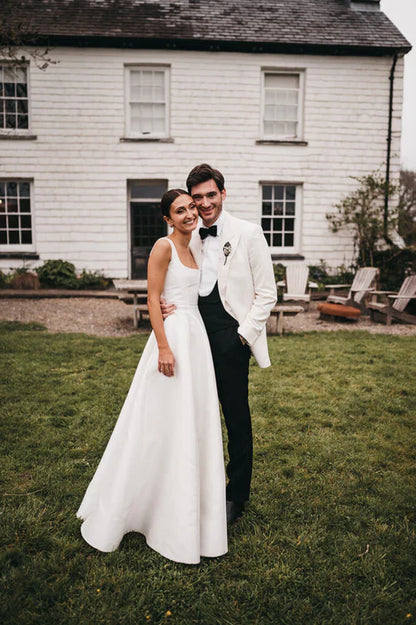 Aimishang Elegant Simple A-Line Square Neck White Satin Wedding Dresses