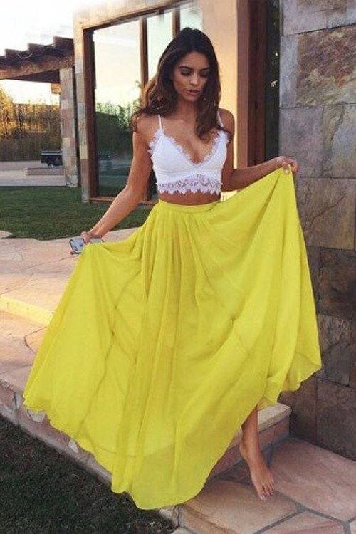 A-Line/Princess Straps Sleeveless Floor-Length Lace Chiffon Two Piece Dresses - RongMoon
