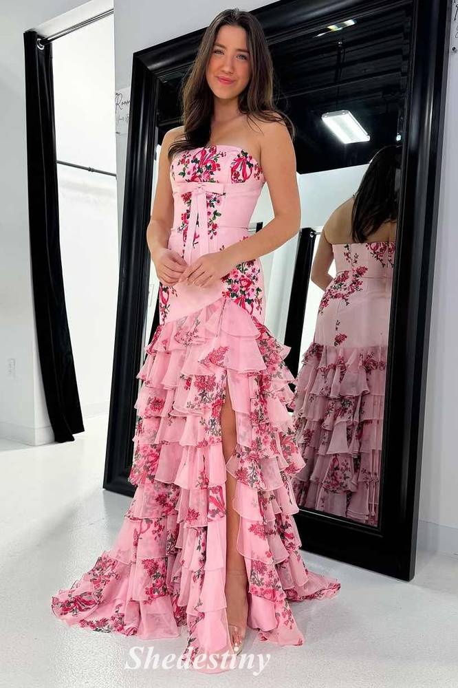 Tiered Blush Floral Print Strapless Mermaid Prom Dress