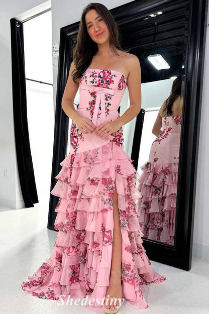 Tiered Blush Floral Print Strapless Mermaid Prom Dress