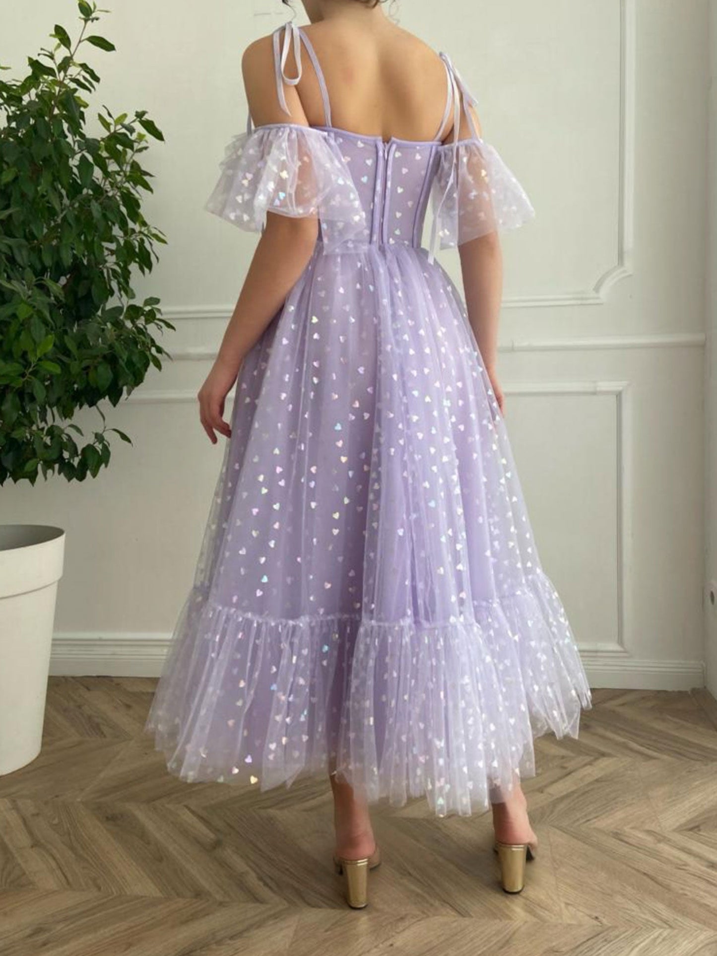 Purple tulle tea length prom dress, purple evening dress