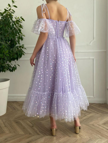 Purple tulle tea length prom dress, purple evening dress