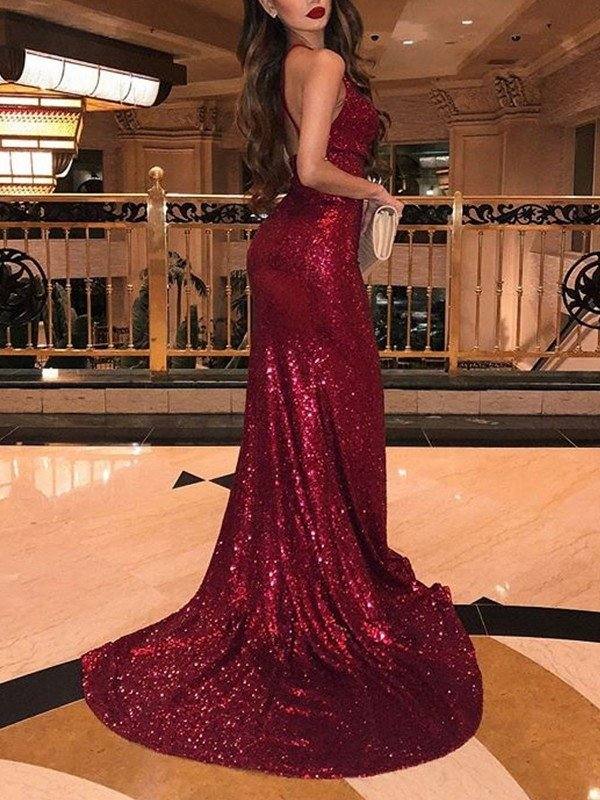 Trumpet/Mermaid Sleeveless V-neck Sweep/Brush Train Ruffles Sequins Dresses - RongMoon