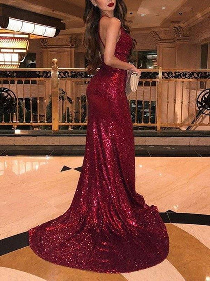 Trumpet/Mermaid Sleeveless V-neck Sweep/Brush Train Ruffles Sequins Dresses - RongMoon