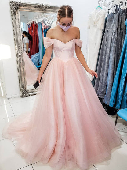 Pink tulle off shoulder long prom dress, pink tulle formal dress