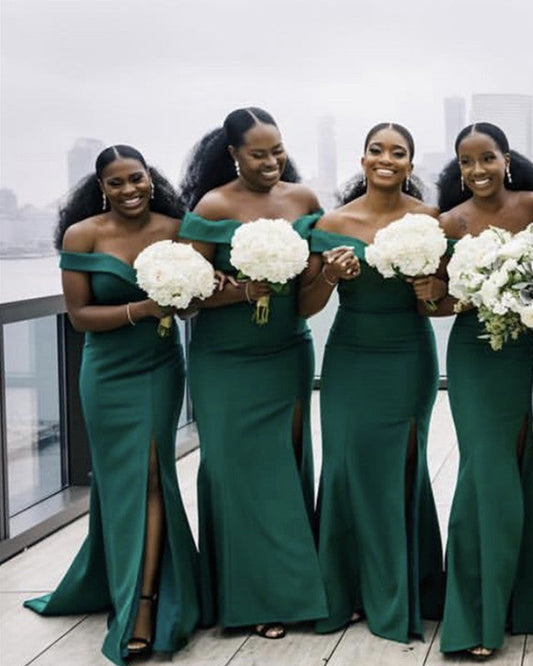 Long Satin Mermaid Off Shoulder Bridesmaid Dresses