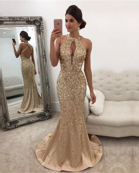Long Satin Halter Mermaid Prom Dresses Crystal Beaded