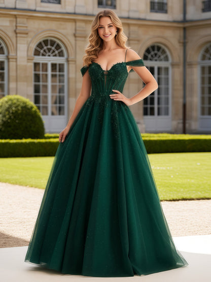 Off-the-shoulder Applique Sequin Tulle Ball Gown Dark Green