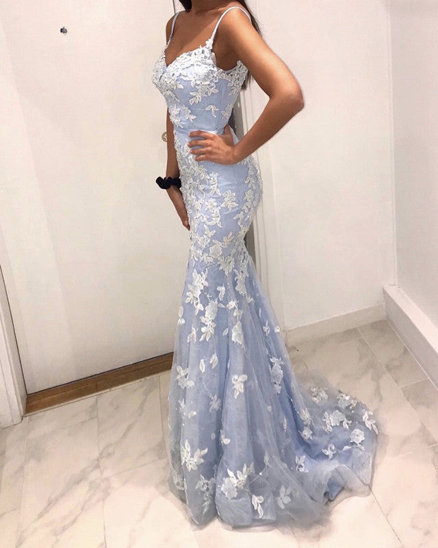 Lace Appliques Tulle V Neck Mermaid Prom Dresses