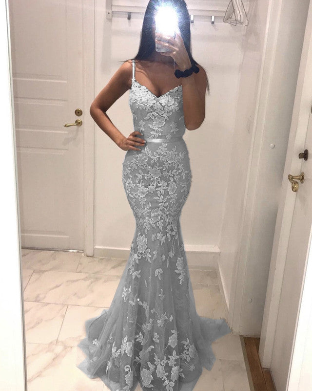 Lace Appliques Tulle V Neck Mermaid Prom Dresses
