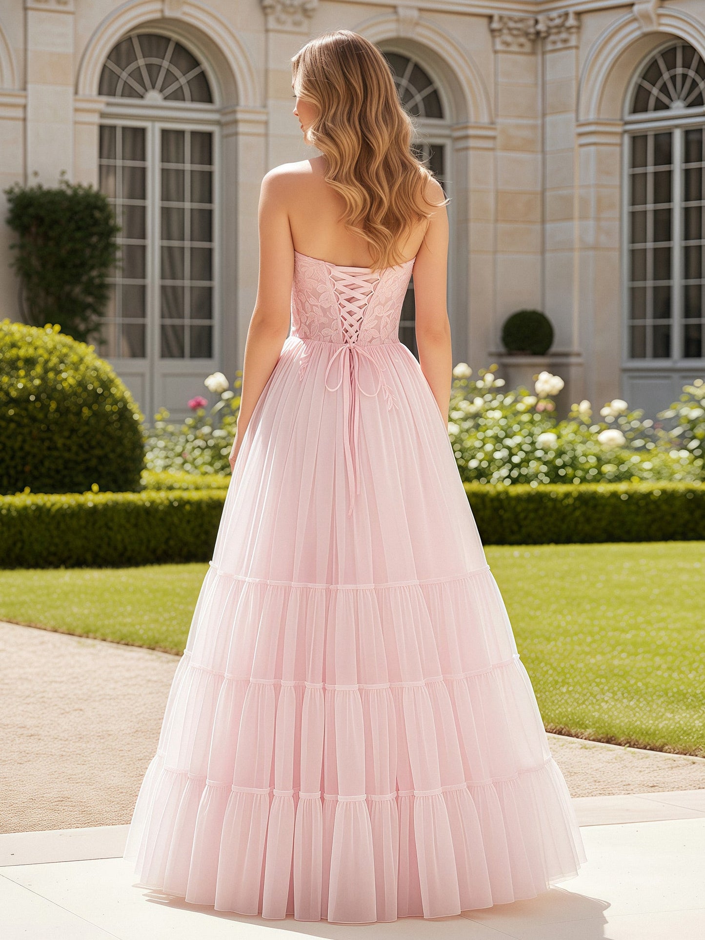 Sweetheart Appliqued Corset Tulle Dress With Slit Blushing Pink