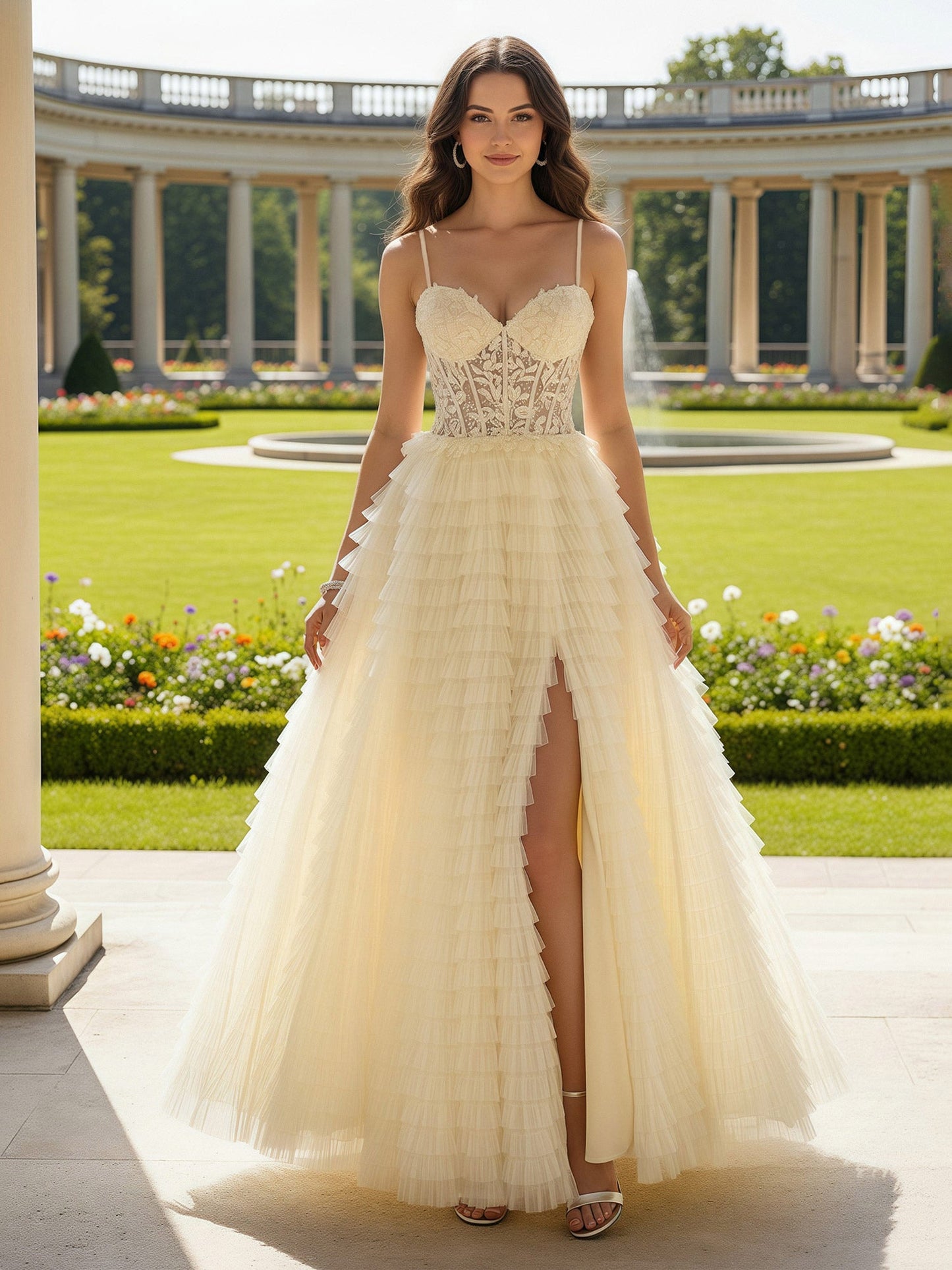 Sweetheart Applique Sheer Corset Tiered Dress With Slit Daffodil