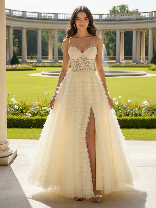Sweetheart Applique Sheer Corset Tiered Dress With Slit Daffodil