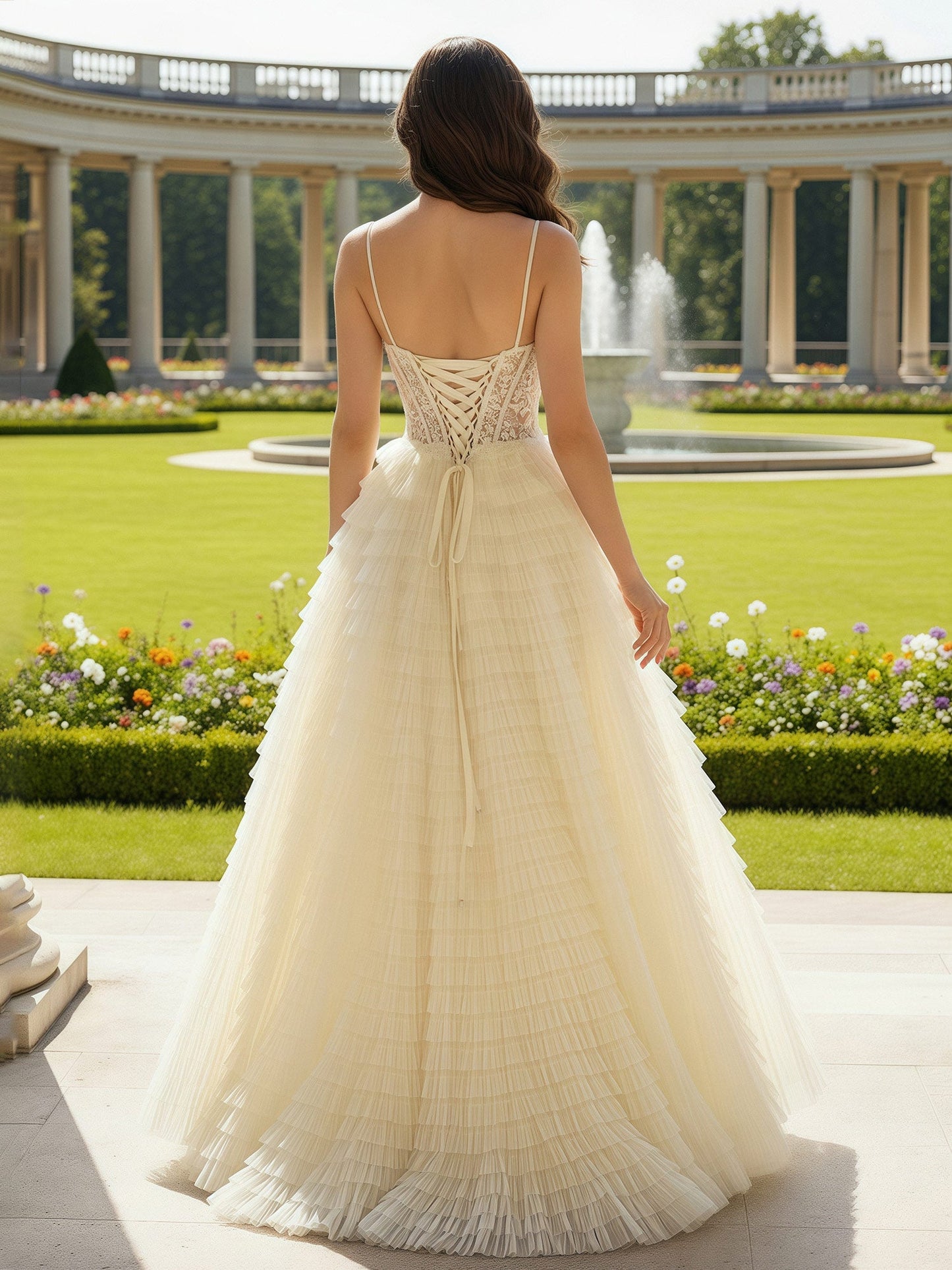 Sweetheart Applique Sheer Corset Tiered Dress With Slit Daffodil