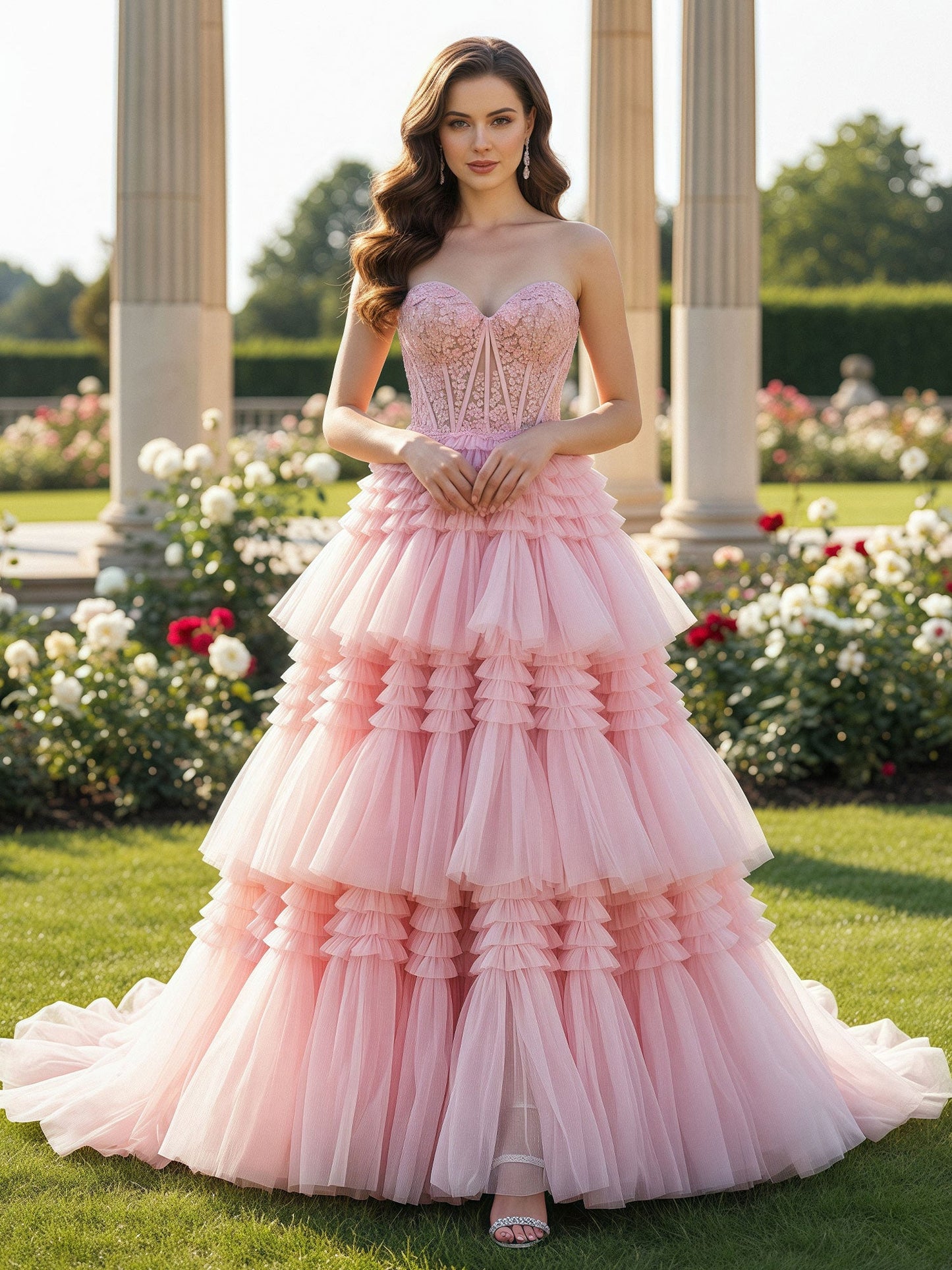 Lace Sweetheart Corset Tiered Tulle Sweep Train Gown Blushing Pink