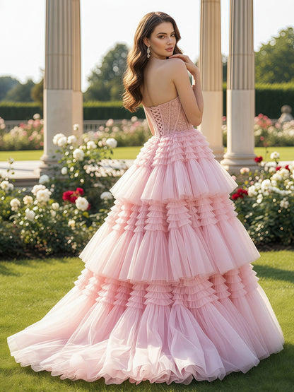 Lace Sweetheart Corset Tiered Tulle Sweep Train Gown Blushing Pink
