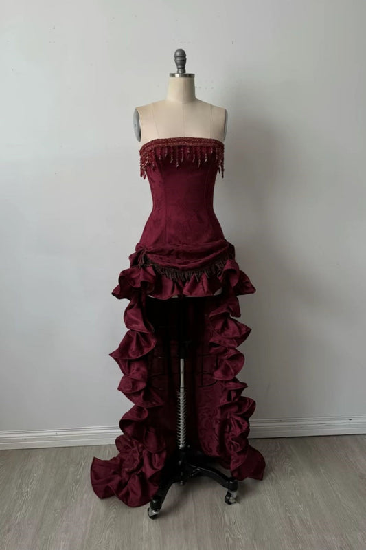 Burgundy Beaded Long Satin Evening Gown, Birthday Dress, Party Dress gh6876
