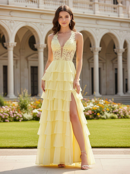 Halter Deep V-neck Appliqued Tiered Dress With Slit Daffodil