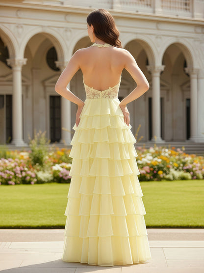 Halter Deep V-neck Appliqued Tiered Dress With Slit Daffodil