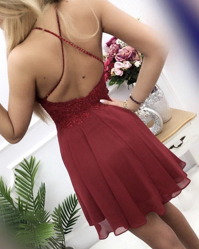 Halter Chiffon Cross Back Homecoming Dress Lace Appliques