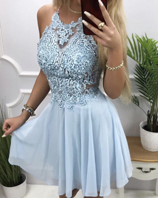 Halter Chiffon Cross Back Homecoming Dress Lace Appliques
