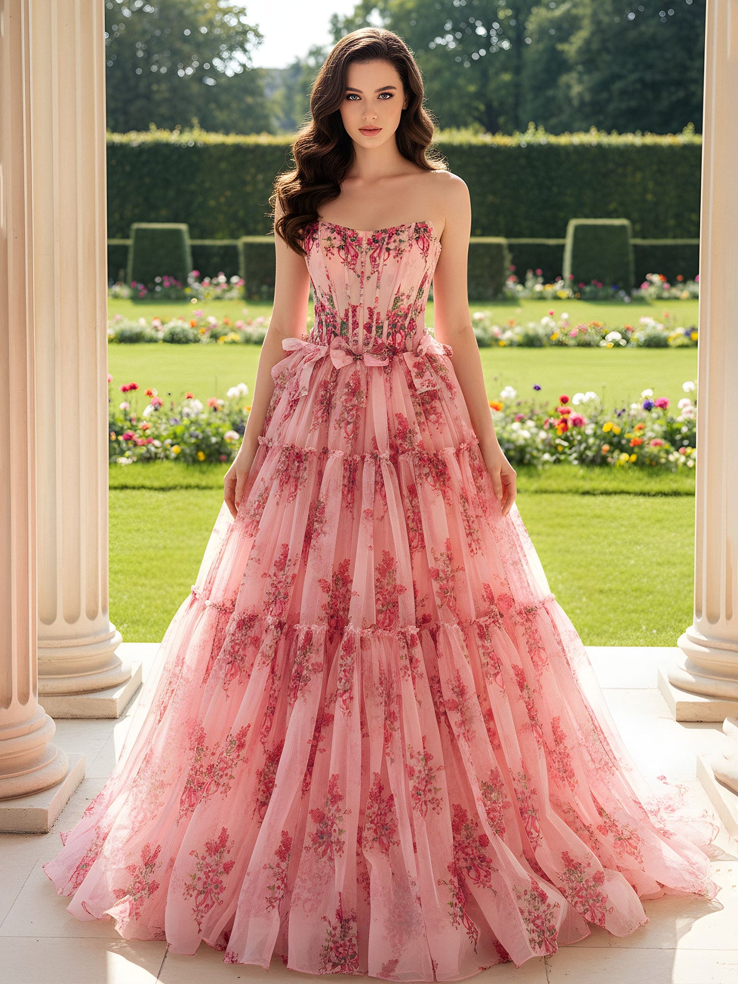 Strapless Floral Print Ruched Sweep Train Dress As Picture