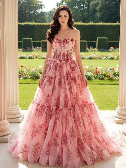 Strapless Floral Print Ruched Sweep Train Dress As Picture