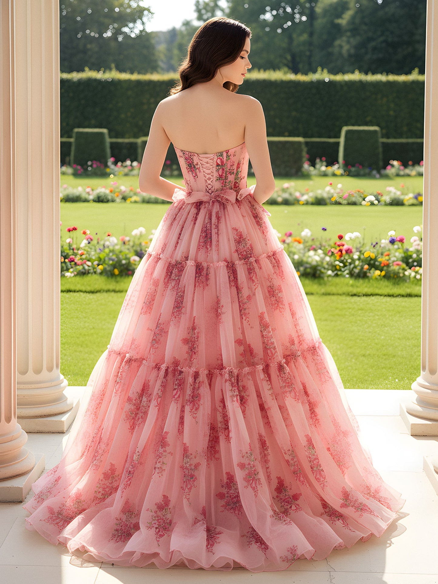 Strapless Floral Print Ruched Sweep Train Dress As Picture